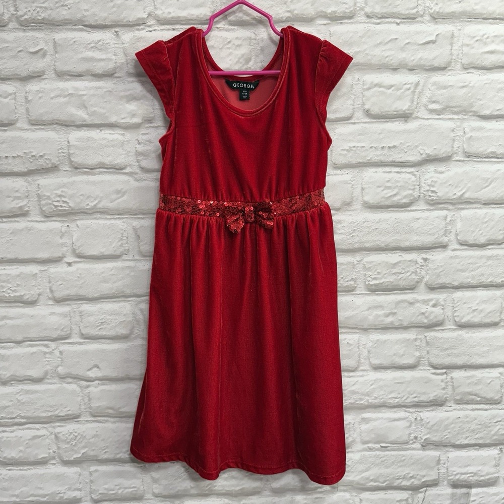 George Girls Size 6/6 Red Velvet & Sequin Christmas Holiday Dress Formal  w/ Bow